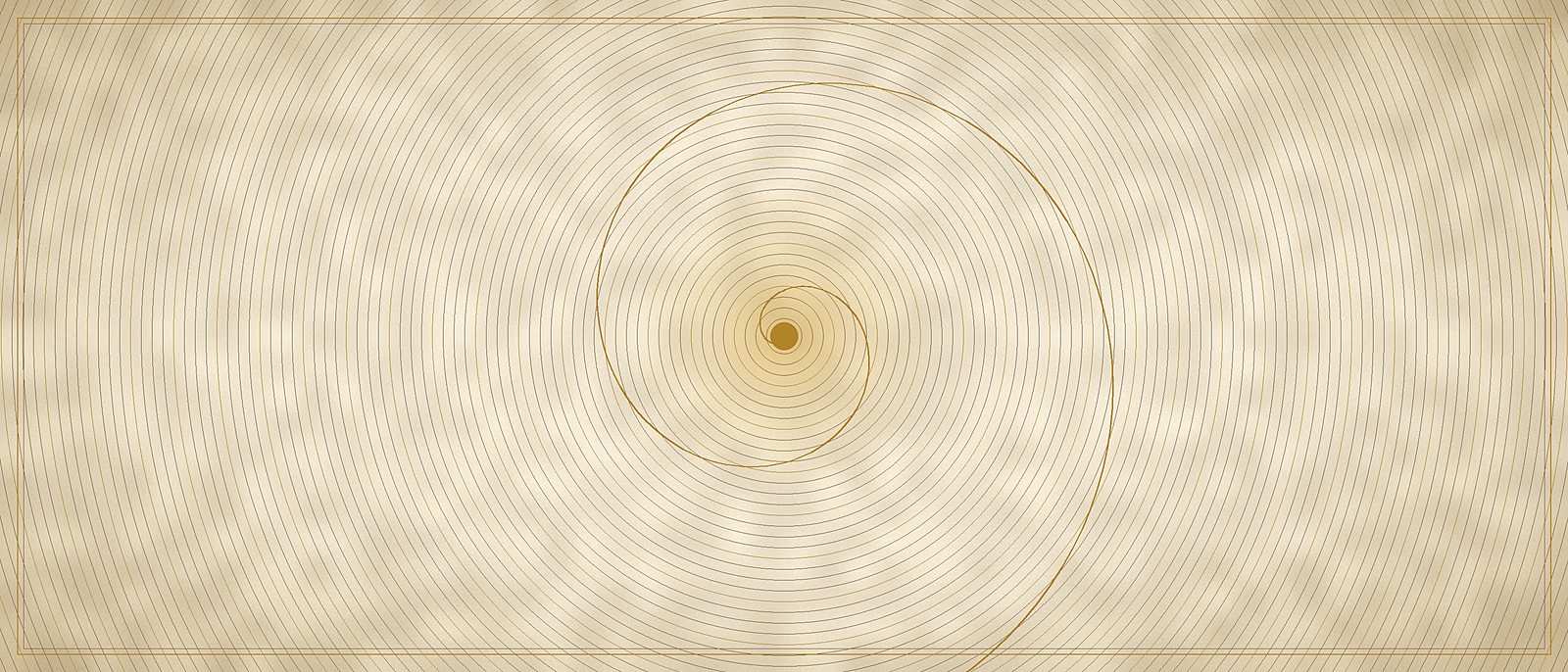 Concentric wave rings radiating from a glowing point, a golden spiral