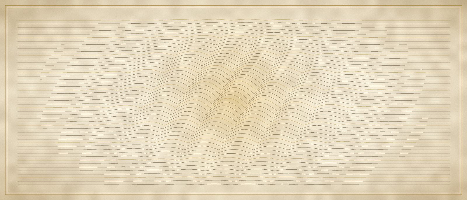 Stacked engraved lines lifted into standing waves around a glowing centre